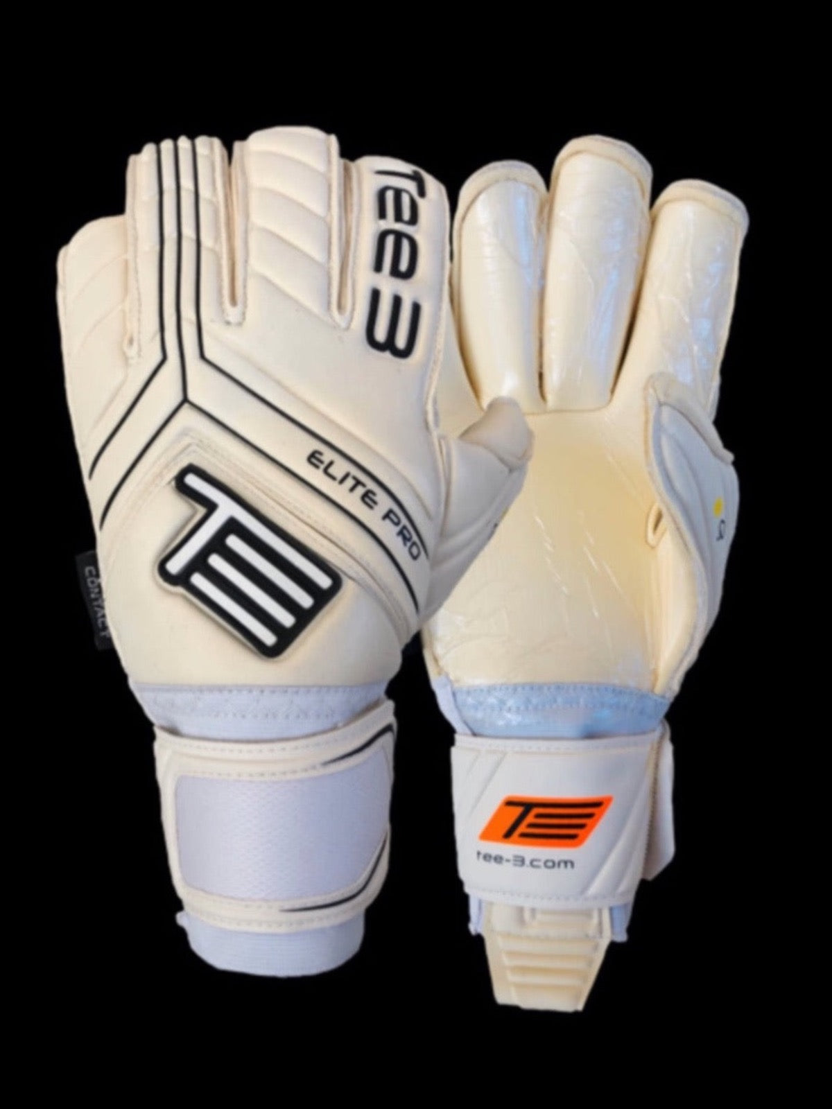 A white roll finger goalkeeping glove with black detail and grippy white contact latex worn by professional goalkeepers