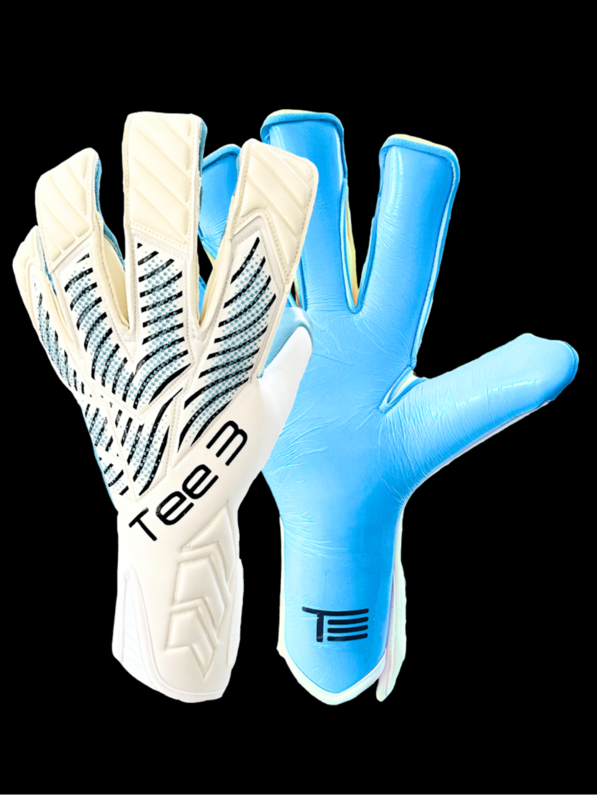 Pair of white and blue gloves with 'Tee3' branding on a the backhand