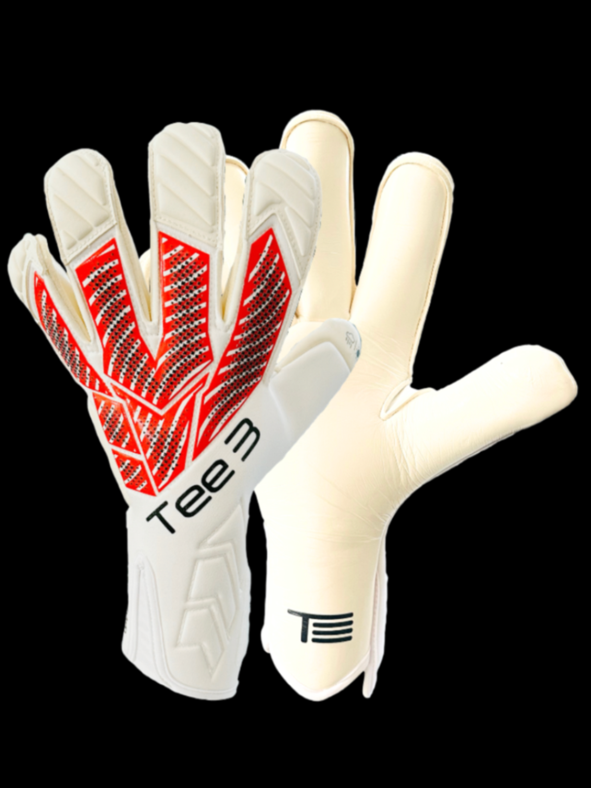 A close-up of a white TEE-3 Goalkeeping professional goalkeeper glove with red and black raised punch pads, made from neoprene with specific white and black accents and details in a roll finger cut with contact latex