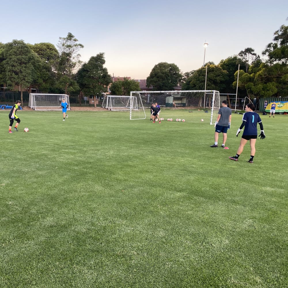 Goalkeeper coaching group session in Sydney with on grass with full size goals