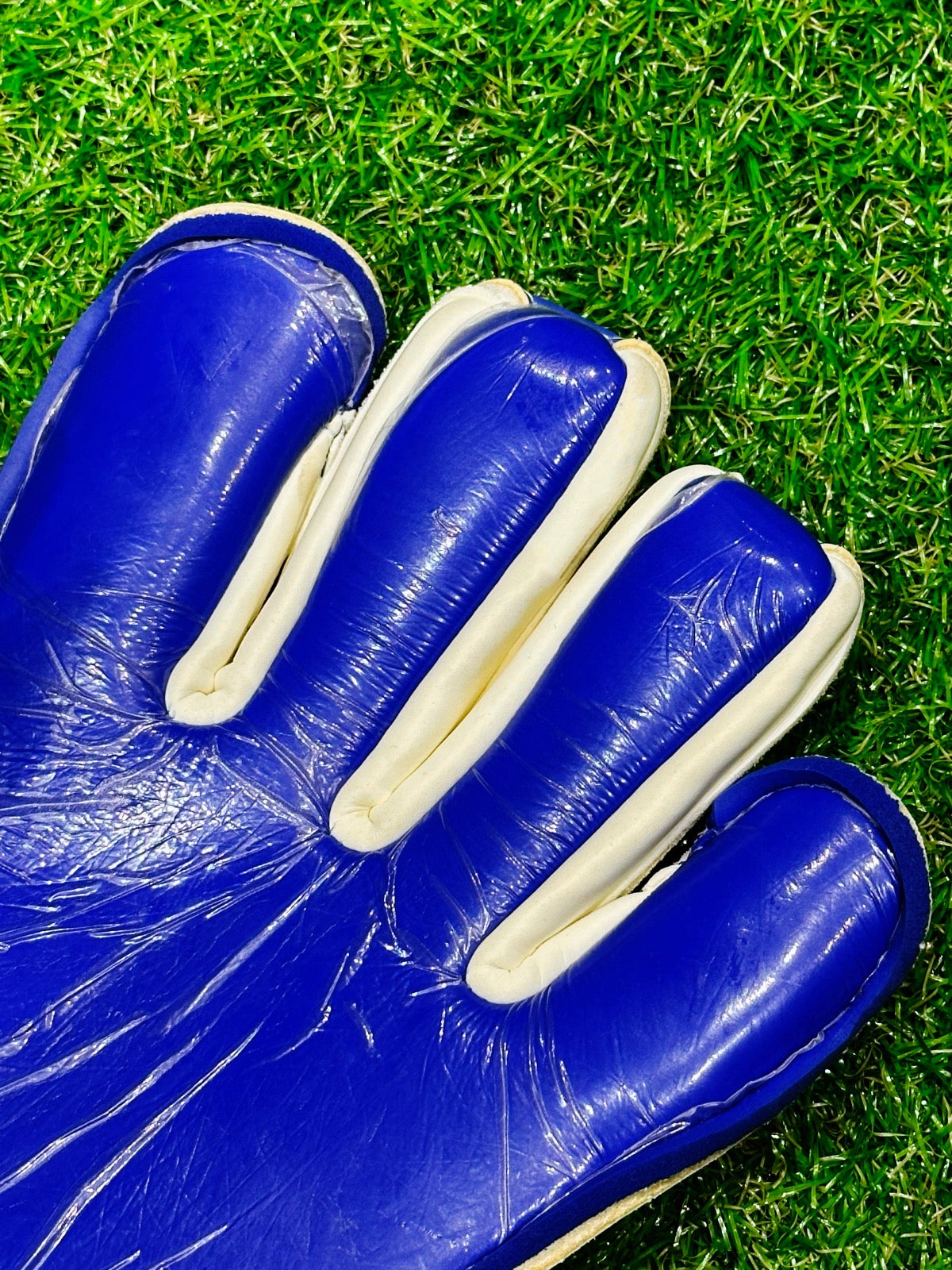 Orion Ikon Goalkeeper glove - white, royal blue, red  hybrid cut glove with German 4mm contact latex and double wrap wrist strap