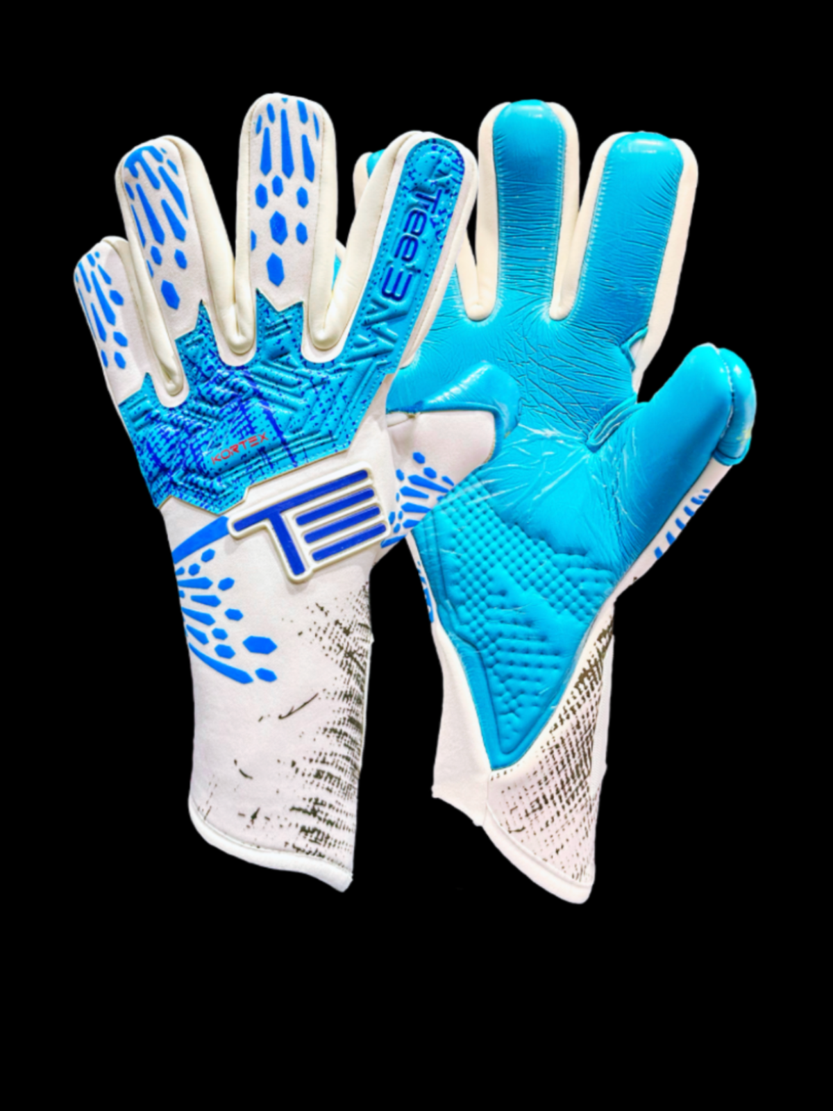 Kortex Goalkeeper glove - white and aqua blue negative cut glove with German 4mm contact latex and removable wrist strap