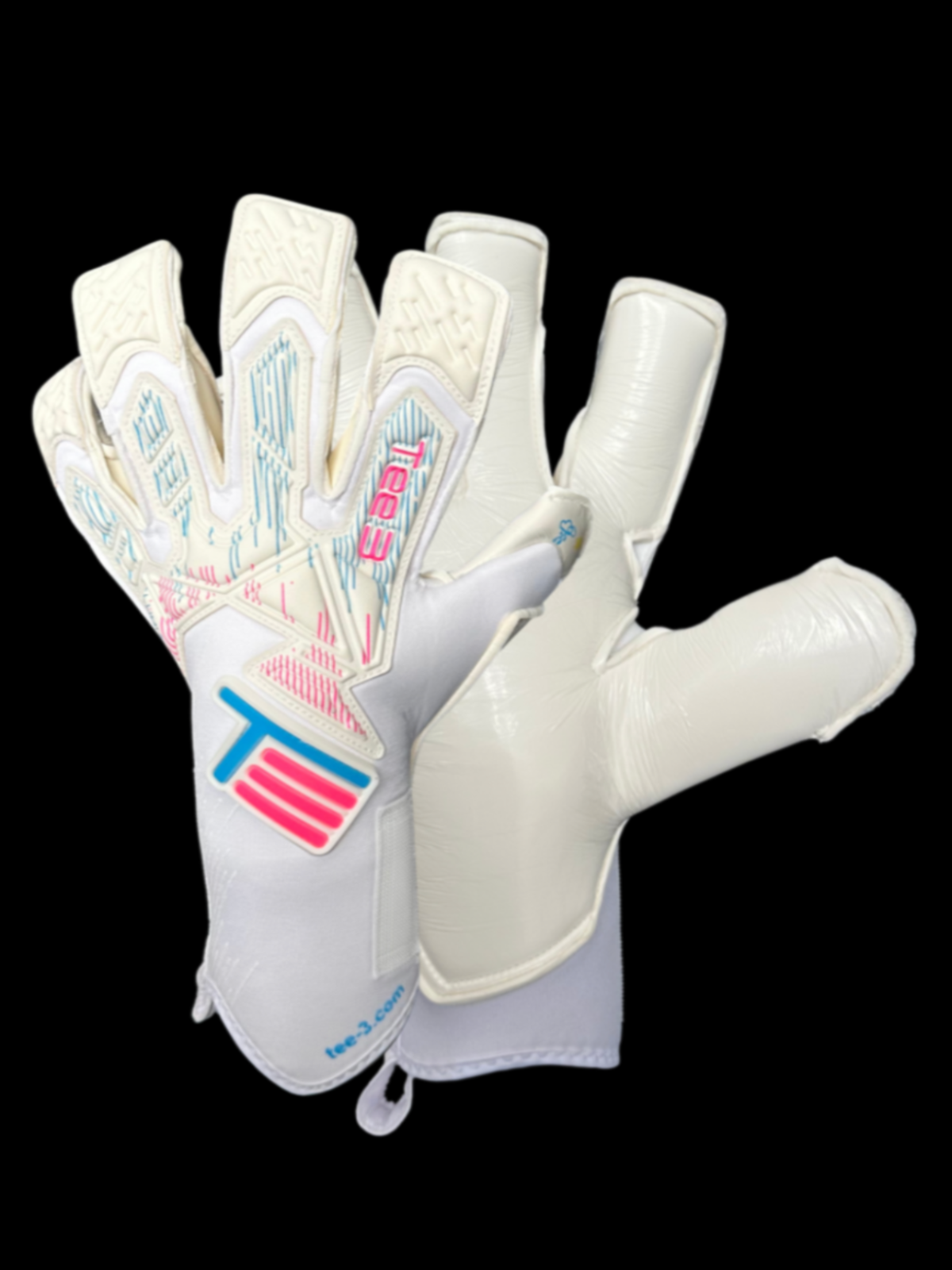 A pair of white Tee3 professional goalkeeping goalkeeper gloves with pink and neon blue graphic accents, white contact latex featuring the 'LUMIA' model name on the side, photographed on a light neutral background. 