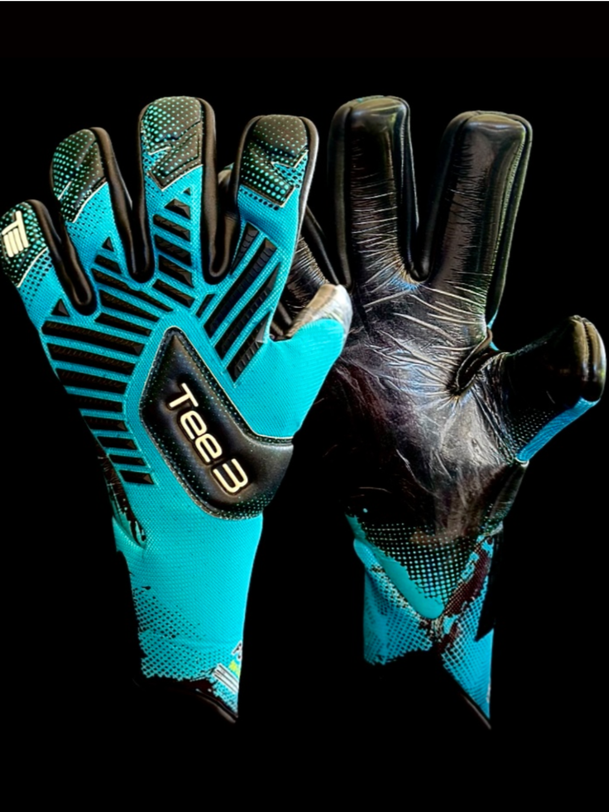 Focus Goalkeeper glove - aqua blue and black contact latex negative cut glove with German 4mm contact latex and removable wrist strap