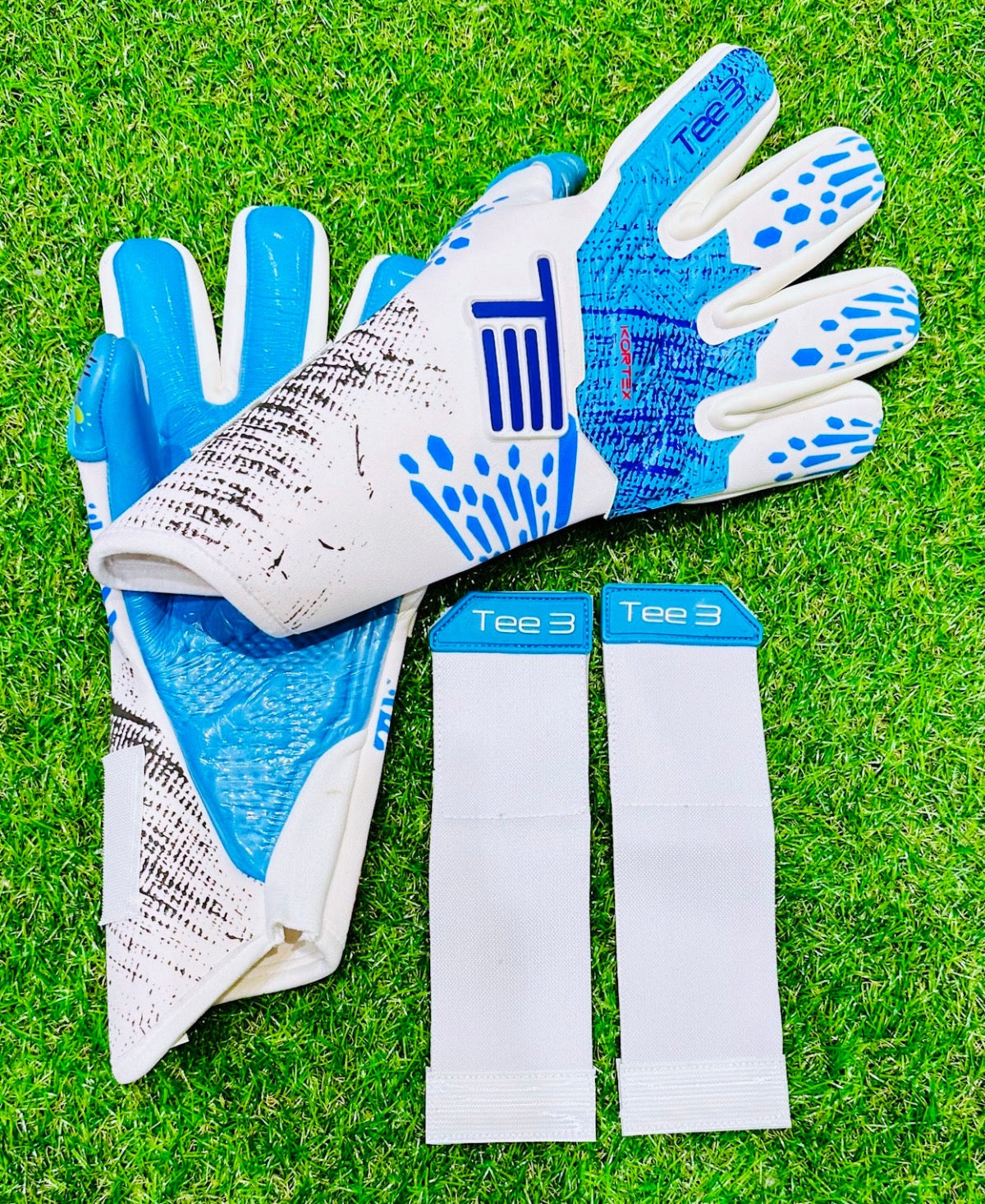 Kortex Goalkeeper glove - white and aqua blue negative cut glove with German latex and removable wrist strap
