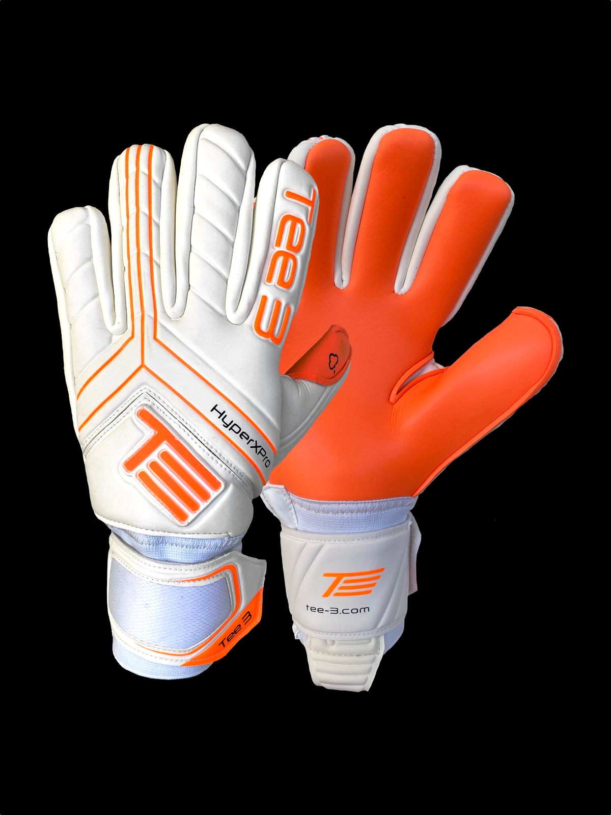 A white and orange goalkeeping glove with removable fingersaves worn by professional goalkeepers
