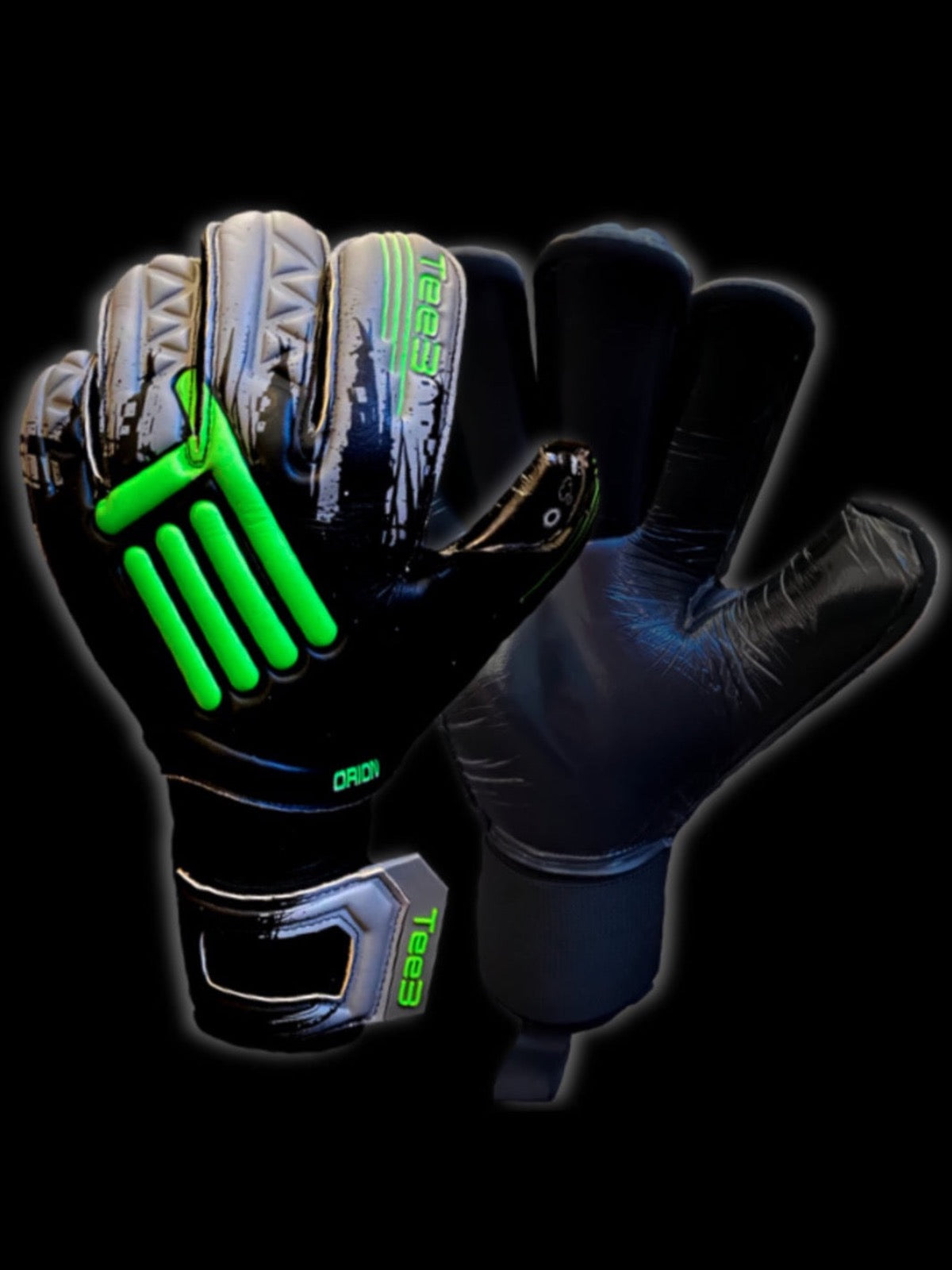 A roll finger goalkeeping glove with black contact latex worn by professional goalkeepers