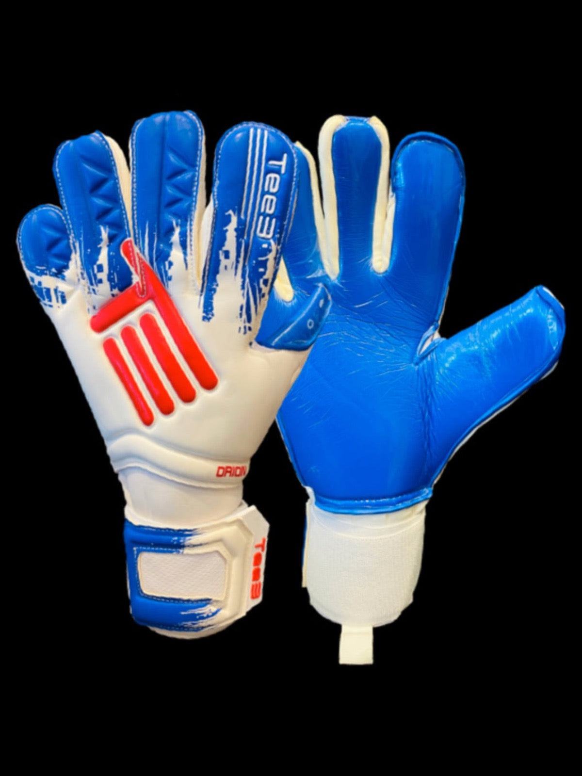 A negative cut goalkeeping glove worn by professional goalkeepers