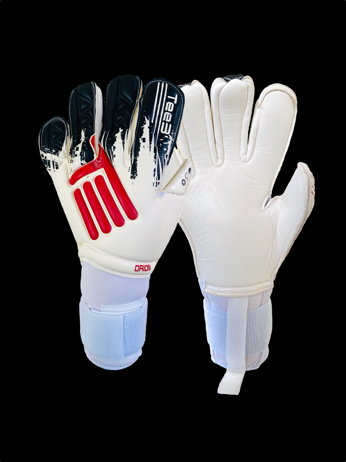A negative cut goalkeeping glove worn by professional goalkeepers