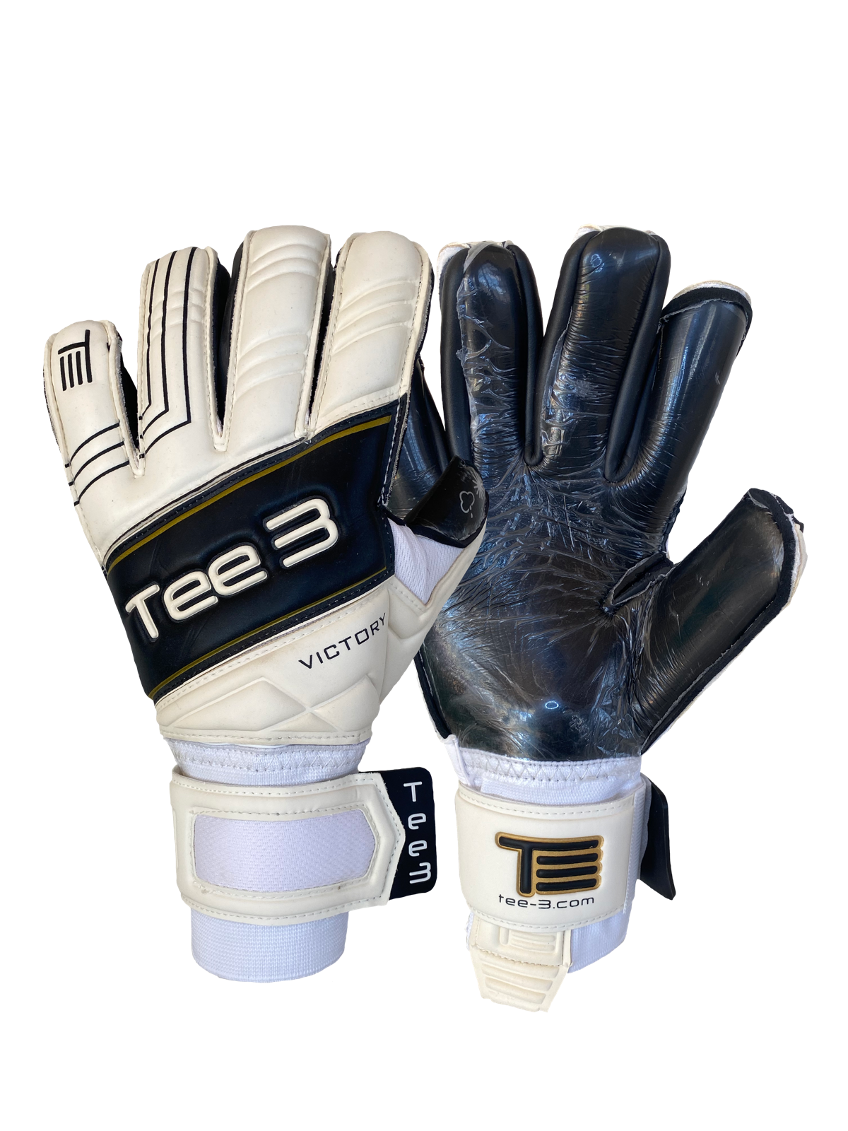 A black and white goalkeeping glove with removable finger spines saves with 4mm black contact grip worn by professional goalkeepers